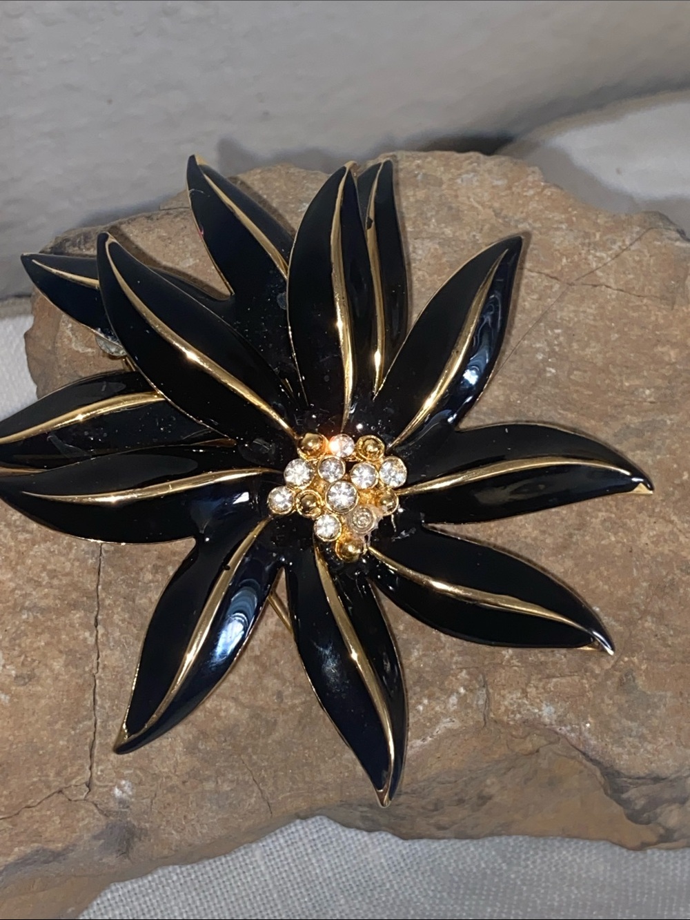 Vintage CRAFT Crystals Black Enamel Gold Tone Flower Broach